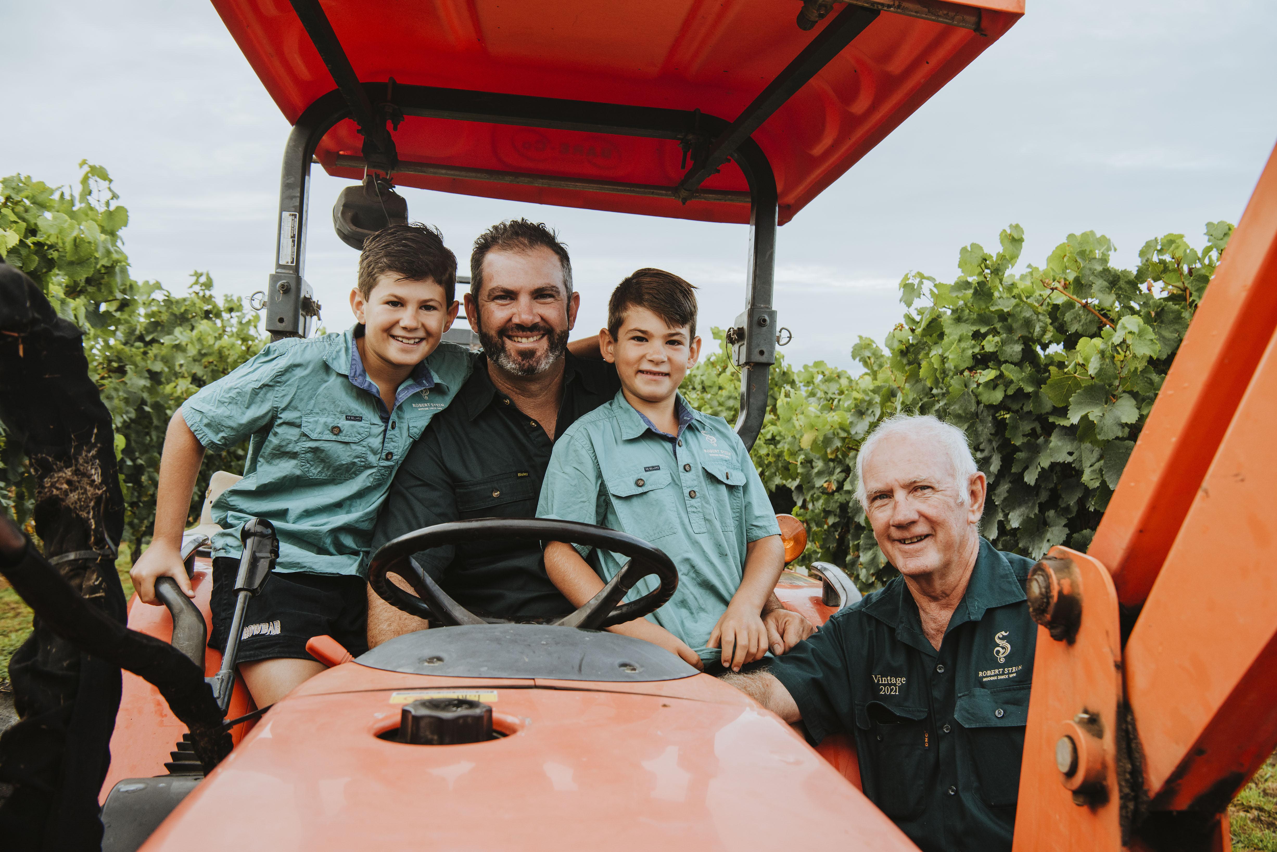 Two boys and two men on the tractor in the vineyard